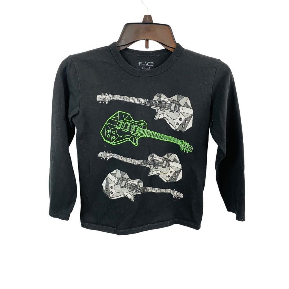 Medium (7/8) Place Boy's Youth Black Long Sleeve Tshirt Electric Guitar